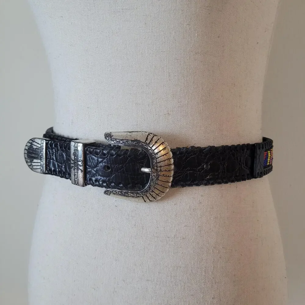 Gammon Shire Belt Med Black‎ Leather Multicolor Beaded Western Boho Southwestern